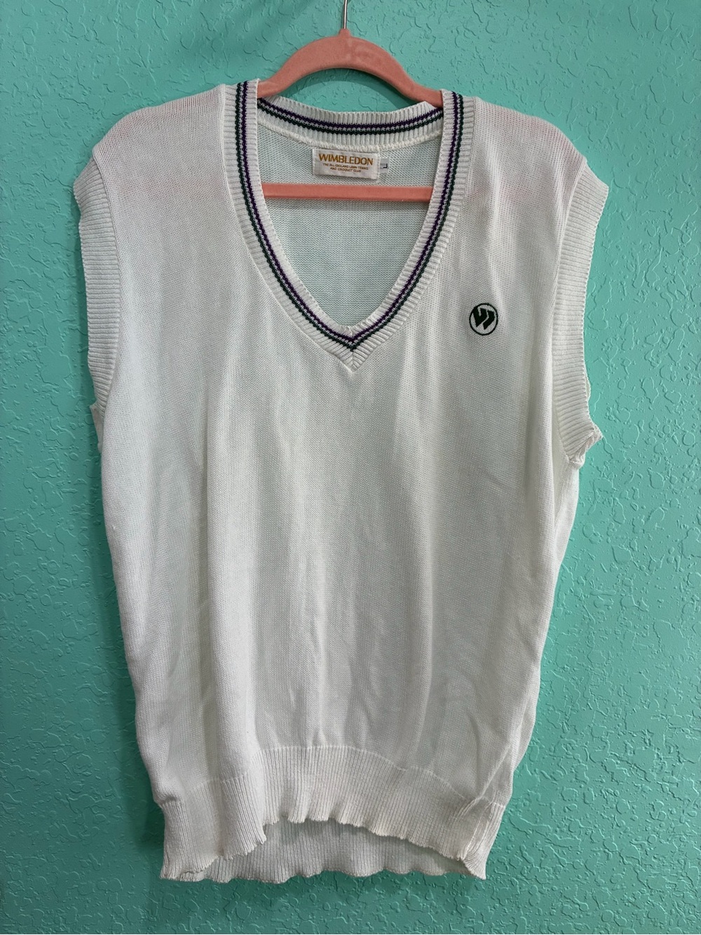 Wimbledon White V-Neck Sleeveless Tennis Sweater vest L preppy
